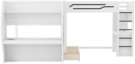 Merax 3 in 1 L-Shaped Wood Gaming Bunk Bed with Built-in Desks,Charging Station, Full & Twin Size Multifunction Bunk Beds with Storage Drawers and Pegboard for Bedroom, Space Saving,White - Image 7