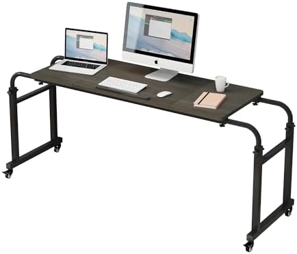 TigerDad Tilt Overbed Table with Wheels, Height Adjustable Rolling Desk for King Queen Bed, Tilting Laptop Cart Mobile Computer Workstation, Dekuwood - Image 2