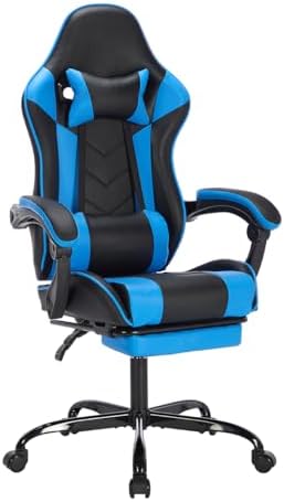 Gaming Desk Chair for Adults, Ergonomic Gaming Chair (Black+Blue) | with Footrest & Headrest and Lumbar Support, Leather Material Height Adjustable computer Video Game Chairs by Majnesvon