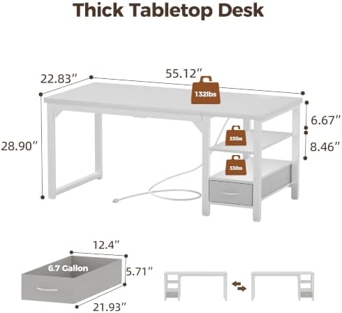 Mericonia 54" Reversible Computer Desk with Drawer, 1.2" Thick Office Desk - Image 2