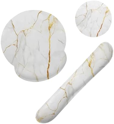 White Gold Flowing Marble Mouse Pad with Wrist Rest and Keyboard Wrist Rest Set, Non-Slip Rubber Base Memory Foam Mouse Pad Set for Women, Office Desk Accessories, Gaming by Unknown