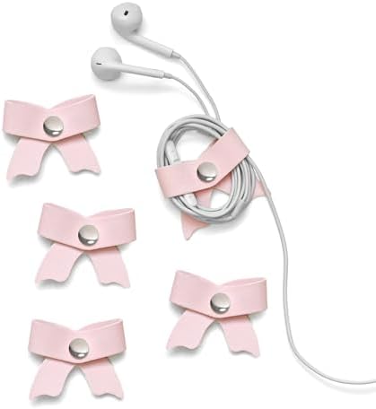 SenseAGE 5 Pack Cord Organizer, Bow Cord Keeper, Cable Organizer USB Holder, Leather Cable Management, Cable Straps, Earphone Winder, Storage Straps for Electronics, Earbuds, Small, Pink by SenseAGE
