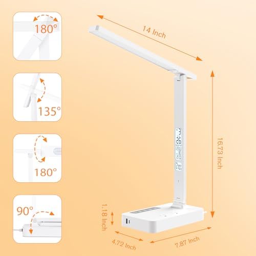 Desk Lamp with USB Charging Port: Table Lamp with Power Strip, Charging Station - 2 Outlets 1 USB-A Ports 1 Type-C Ports, Surge Protection, 5ft Extension Cord, 5 Color Modes 5 Brightness (White) - Image 3