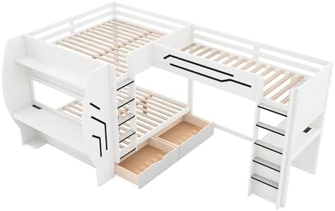 Merax 3 in 1 L-Shaped Wood Gaming Bunk Bed with Built-in Desks,Charging Station, Full & Twin Size Multifunction Bunk Beds with Storage Drawers and Pegboard for Bedroom, Space Saving,White - Image 5