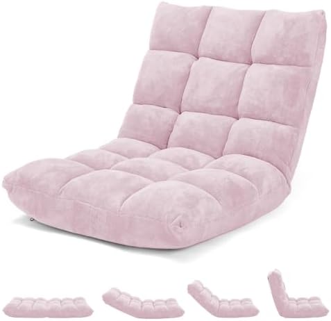 Folding Floor Chair with Back Support, Floor Seat, Lazy Sofa Chair | 14 Adjustable Position, Soft Coral Fleece, Thick Foam, Steel Frame Gaming Chair for Adults, Reading, Meditation (Pale Pink) by BUYNOW