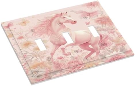 Decorative Light Switch Cover Plate Fantastical Pink Horse and Flowers 3 Gang Wall Plate Triple Toggle Switch Plate Covers 3 Hole Electrical Switchplate Dimmer Faceplate for Bedroom Decor - Image 3