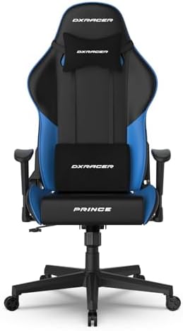 DXRacer Prince Series L Gaming Chair - Reclining, Ergonomic & Comfortable Computer Chair with 2D Armrest, Wing-Shaped Seat Base & Headrest Pillow Faux Leather (Faux Leather, Black & Blue) by DXRacer