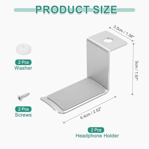 HARFINGTON 2pcs Headphone Holder Stand Aluminum Headset Hook Headphone Clip Under Desk Hanger with Washer and Screws for Bedrooms Study Libraries Offices, Silver (5cm) - Image 2