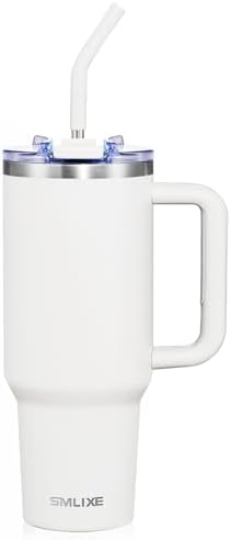40 oz Tumbler with Handle and Straw Lid,Insulated Reusable Stainless Steel Water Bottle Travel Mug，Cupholder Friendly Double Wall Vacuum Sealed Cup (Snow) by smlixe