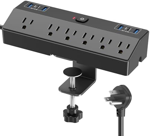 Desk Clamp Power Strip with 40W Fast Charging Station, JXGUCAT 10ft Flat Plug Power Strip Surge Protector, 2 USB-C Ports, 6 AC Outlets, Fit 2.48" Tabletop Edge, Home Office Desk Accessories Essentials by JXGUCATpowerstrip