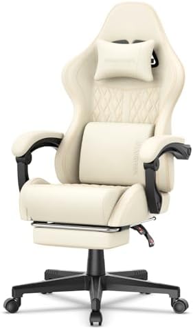 Ferghana Vintage PU Leather Gaming Chair, Ergonomic Gamer Chair with Massage, High Back Computer Office Chair with Footrest for Adults, Racing Style Reclining Video Game Chair (Beige) by FerghanaGamingChair
