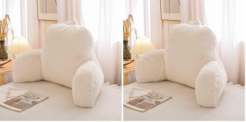 A Nice Night Faux Fur Reading Pillow Bed Wedge Large Adult Children Backrest with Arms Back Support for Sitting Up in Bed/Couch for Bedrest,Ivory (Pack of 2) by ANICENIGHT
