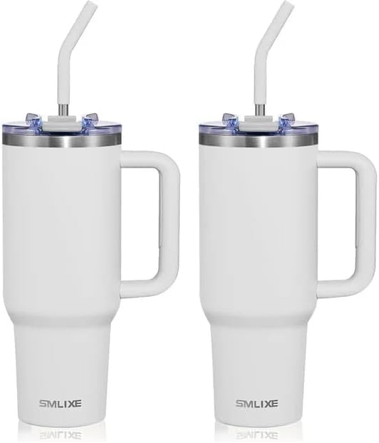 40 oz Tumbler with Handle and Straw Lid,Insulated Reusable Stainless Steel Water Bottle Travel Mug，Cupholder Friendly Double Wall Vacuum Sealed Cup (Cold White) (Pack of 2) by smlixe