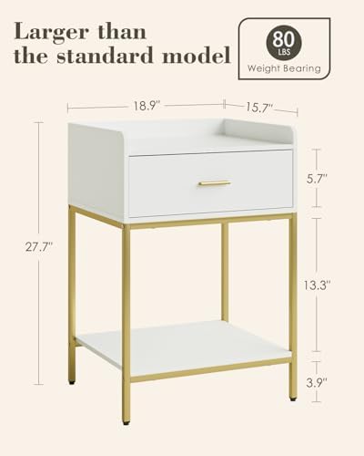 Masupu Nightstand, 3-Tier Modern Bedside Night Stand with Storage Drawer and Shelf, Large End Side Table for Bedroom, Living Room, White - Image 2