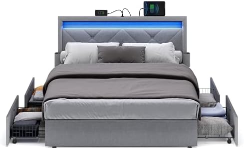 VASAGLE Full Bed Frame, 4 Storage Drawers on Wheels, Charging Station by Unknown