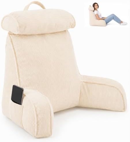 Reading Pillow for Bed with Detachable Neck Roll and Shredded Memory Foam, Back Pillow with Arms for Sitting Up, Washable Bed Rest Pillow with Side Pocket for Gaming, Sofa, Dorm - Beige by Unknown