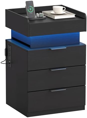 Turosur Night Stand with Gun Drawer, Charging Station & LED Light Modern by Turosur