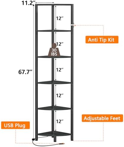 Furnulem 6 Tier Corner Shelf with LED Light, 67.5" Black Narrow Bookshelf - Image 2