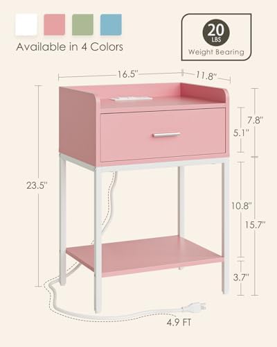 Masupu Nightstand with Charging Station,3-Tier Modern Bedside Night Stand with Storage Drawer and Shelf,Small End Side Table for Bedroom,Living Room,Pink and White - Image 2