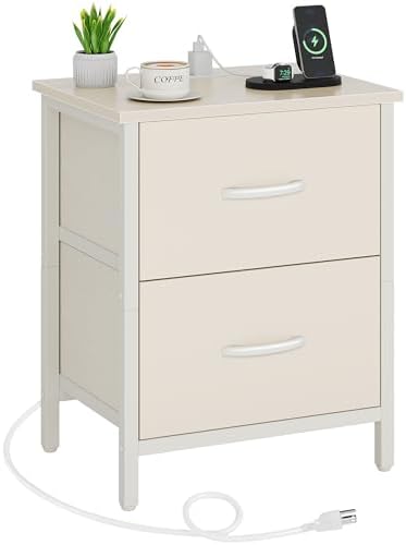 Vagusicc Nightstand with Charging Station, Bedside Table with USB Ports and Outlet, End Table Side Table with 2 Fabric Drawers for Bedroom, Living Room, Beige by Vagusicc