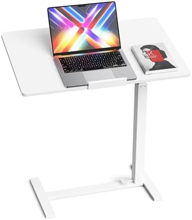 Mobile Standing Desk Adjustable Overbed Table, Pneumatic Height Adjustable Rolling Laptop Desk with Hidden Wheels, 0-180°Tilt Top Rolling Computer Cart Foldable for Home Office, Craft & Study, White by SimpleDeluxe