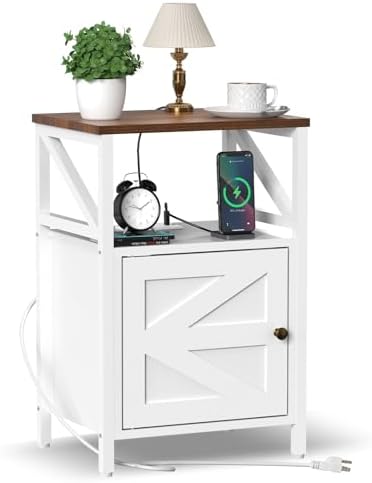 Side Table with Charging Station - Bedside Tables for Small Spaces White by FUNHUKSON