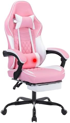 Gaming Desk Chair for Adults, Ergonomic Gaming Chair (Pink+White) | with Footrest & Headrest and Lumbar Support, Leather Material Height Adjustable computer Video Game Chairs by Majnesvon