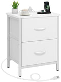 Vagusicc Nightstand with Charging Station, Bedside Table with USB Ports and Outlet, End Table Side Table with 2 Fabric Drawers for Bedroom, Living Room, White by Vagusicc