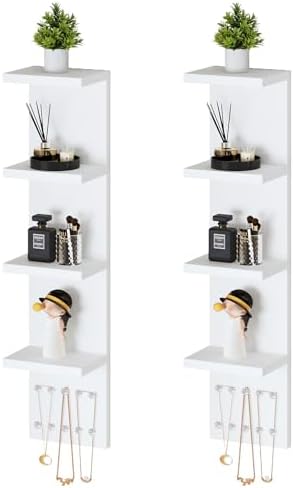 LitaEther 4 Tier White Lack Shelf Vanity Wall Shelf with 10 Crystal Hooks - Multi-Functional Storage for Makeup, Jewelry, Plants, Awards & Display (L7.1 x W5.5 x H30.7) (2) by Shopnow