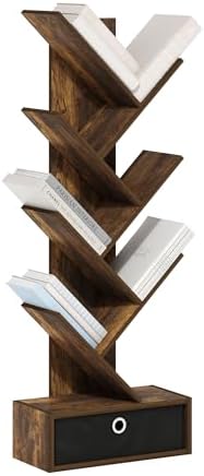 Furinno Tree Book Shelf, 7-Tier Bookshelf, Tree Bookcase with Bin Drawer, 8.4 x 16.9 x 46.2, for Living Room, Bedroom, Home Office, Amber Pine/Black by Furinno-FitsYourSpaceFitsYourBudget