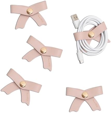 SenseAGE 5 Pack Cord Organizer, Bow Cord Keeper, Cable Organizer USB Holder, Leather Cable Management, Cable Straps, Earphone Winder, Storage Straps for Electronics, Earbuds (Dusty Rose, Big) by SenseAGE