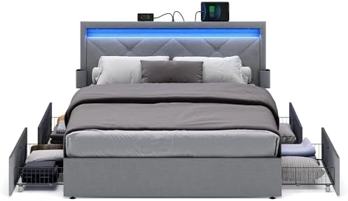 VASAGLE Queen Bed Frame, 4 Storage Drawers on Wheels, Charging Station by Unknown
