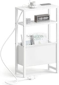 Narrow Side Table with Charging Station Slim End Table Sofa with Magazine Rack, Bedside Table for Small Spaces, 3 Tier Nightstand for Living Room Couch, Bedroom White LET503WE by IRCPEN