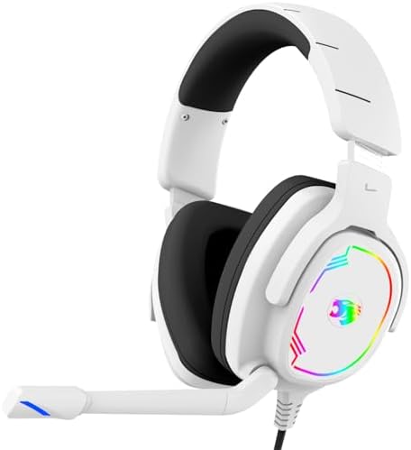 Jimonyer Gaming Headset with Microphone, 7.1 Surround Sound and Noise Canceling Over Ear Headphones for PC, PS4, PS5,Xbox Series,Switch, RGB Light and Soft Imitation Protein Earmuffs (White) by Jimonyer