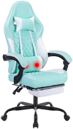 Gaming Desk Chair for Adults, Ergonomic Gaming Chair (Green+White) | with Footrest & Headrest and Lumbar Support, Leather Material Height Adjustable computer Video Game Chairs by Majnesvon