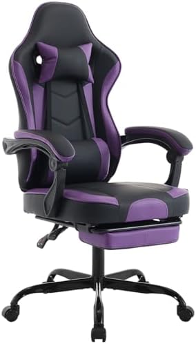 Gaming Desk Chair for Adults, Ergonomic Gaming Chair (Purple+Black) | with Footrest & Headrest and Lumbar Support, Leather Material Height Adjustable computer Video Game Chairs by Majnesvon