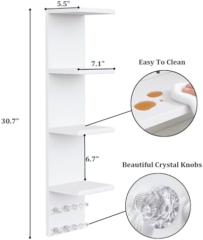 LitaEther 4 Tier White Lack Shelf Vanity Wall Shelf with 10 Crystal Hooks - Multi-Functional Storage for Makeup, Jewelry, Plants, Awards & Display (L7.1 x W5.5 x H30.7) (1) - Image 3