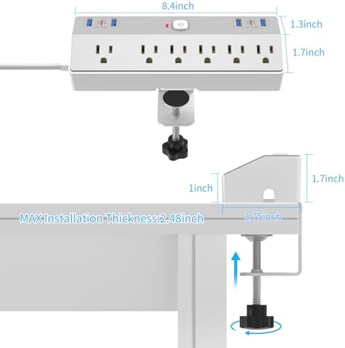 Desk Clamp Power Strip with 40W Fast Charging USB-C, JXGUCAT 10Ft Desk Mount Surge Protector with 6 Outlets 6 USB Ports, Flat Plug Extension Cord Home Office Essentials, Fit 2.48" Tabletop Edge - Image 6