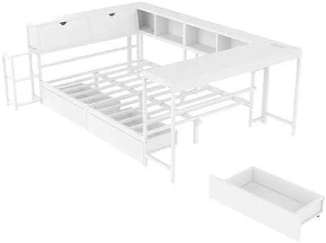 Bellemave Full Size Corner Bed Frame with Storage Drawers, Bookcase and Side Desk, Full Corner Bed with Light and Charging Station, Daybed for Bedroom, Living Room, Guest Room White - Image 5