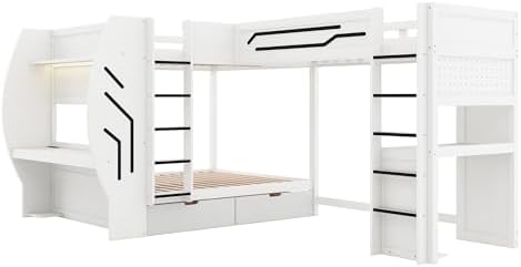 Merax 3 in 1 L-Shaped Wood Gaming Bunk Bed with Built-in Desks,Charging Station, Full & Twin Size Multifunction Bunk Beds with Storage Drawers and Pegboard for Bedroom, Space Saving,White - Image 6