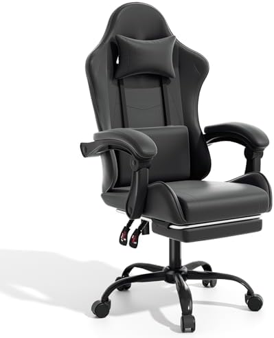 Magshion Video Gaming Computer Chair with Footrest, Black | Ergonomic, Lumbar Support, Adjustable Height, Racing Style, High Back Recliner, Comfy Leather, Swivel Seat, for Home Office by Magshion