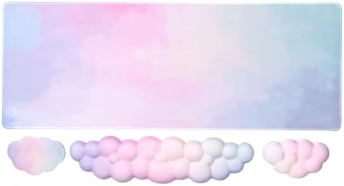 Gaming Desk Mat with Keyboard Wrist Rest Set, 4 in 1 Mouse Pad Set | Pink Large Mouse Pad & Cloud Keyboard Wrist Rest& Mouse Wrist Rest&Coaster, Comfort and Support for Typing and Gaming by Sumgsn