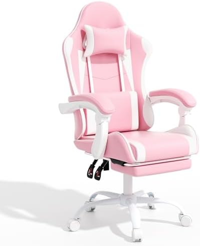 Magshion Video Gaming Computer Chair with Footrest, Pink/White | Ergonomic, Lumbar Support, Adjustable Height, Racing Style, High Back Recliner, Comfy Leather, Swivel Seat, for Home Office by Magshion