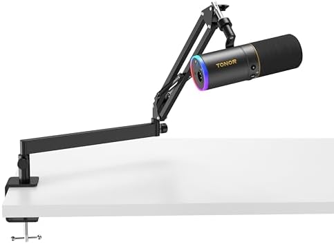 TONOR Dynamic Podcast Microphone, XLR/USB Mic for Recording, Streaming, XLR Cardioid Studio Mic with Quick Mute, Volume Control, 200 cm/78inch Cable, with RGB and Low Profile Boom Arm, Black, TD520S+ by TONOR