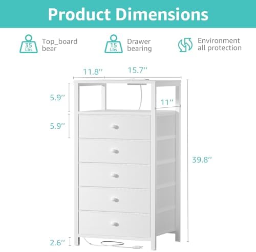 BOLUO White Dresser with 5 Drawers Tall Nightstand with Charging Station and LED Light, Bedside Table Room Storage Drawers Closet - Image 3