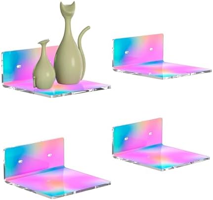 Sezanrpt 6 Inches Iridescent Small Wall Shelves, Acrylic Floating Shelf for Small Space, Acrylic Display Ledges for Funko Pop Figures, Home Décor, Plants, Smart Speaker, Digital Clock, 4 Pack by HEXSONHOMA
