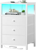 BOLUO White Night Stand with 3 Fabric Drawers, Nightstand with Charging Station LED Nightstand for Bedroom, Bedside Table with USB Ports and Outlets Modern by BOLUO