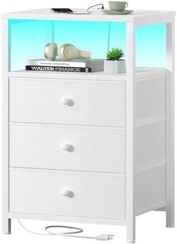 BOLUO White Night Stand with 3 Fabric Drawers, Nightstand with Charging Station LED Nightstand for Bedroom, Bedside Table with USB Ports and Outlets Modern by BOLUO
