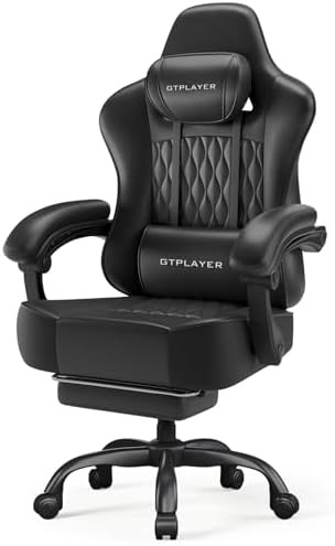 GTPLAYER Big and Tall Gaming Chair with Footrest, Ergonomic Office Desk Chair with 4.4in Thick Cushion and Wide Wingless Seat, Comfortable Leather Computer Chair, Predator Series, Black with Trim by GTPLAYER