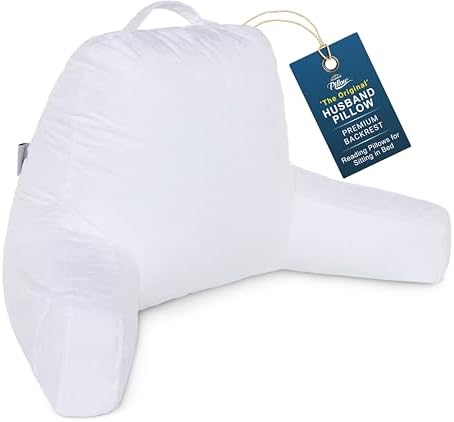 Husband Pillow White, Original Reading Pillow in Bed Rest Chair, Shredded Memory Foam Large Lounge Cushion Adult Backrest with Arms, Comfy Back Support for Sit Sitting Up, Washable/Removable Cover by HusbandPillow